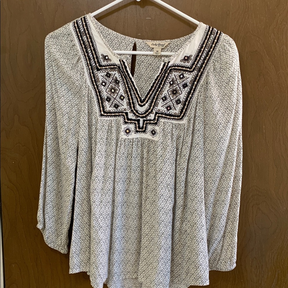 Lucky Brand Black White Embellished Longsleeve Top